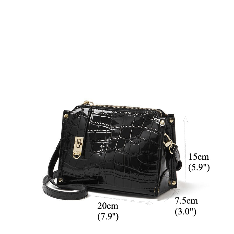 Vintage Glossy Croc Genuine Leather Shoulder Crossbody Handle Bag