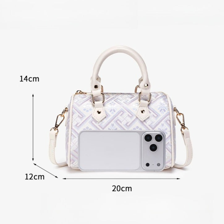 Refined Oriental Brocade Motif Vegan Eco-Leather Boston Clutch Bag