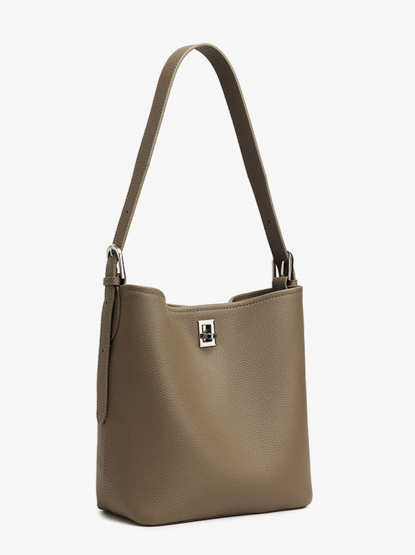 Sculpted Genuine Leather Medium Bucket Bag with Clean Linear Topstitching