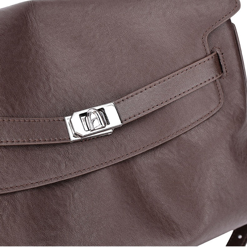 Vintage Lock-Accent Satchel Crossbody Genuine Leather Bag