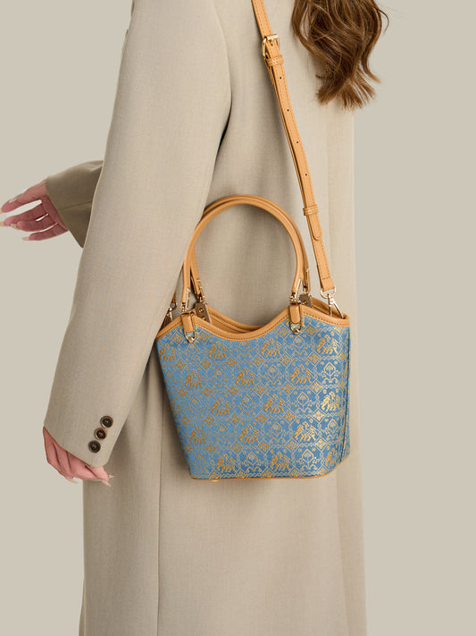 Refined Golden Elephant Motif Vegan Eco-Leather Bucket Clutch Bag