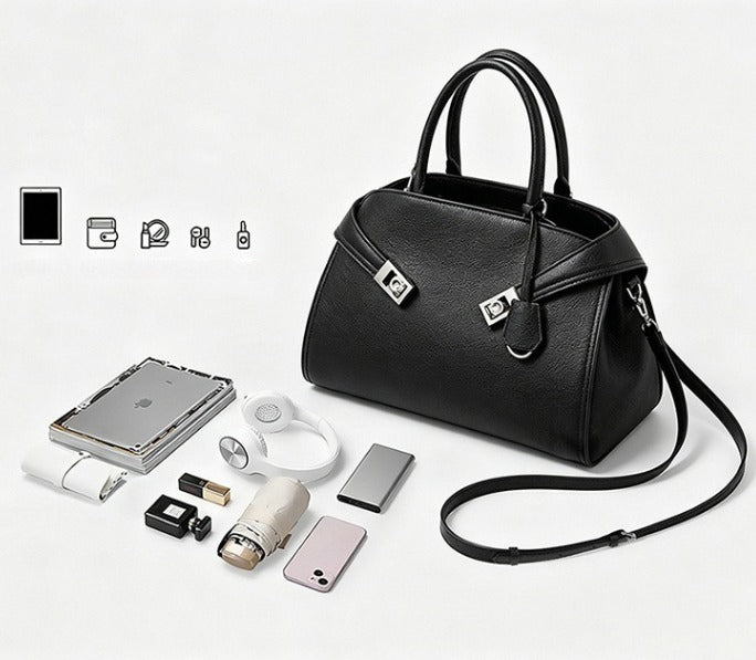 Luxury Retro Genuine Leather Lychee Pattern Double Buckle Tote Crossbody Bag