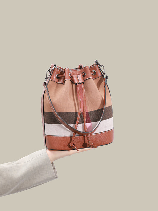 Vintage Plaid Vegan Eco-Leather Bucket Clutch Bag