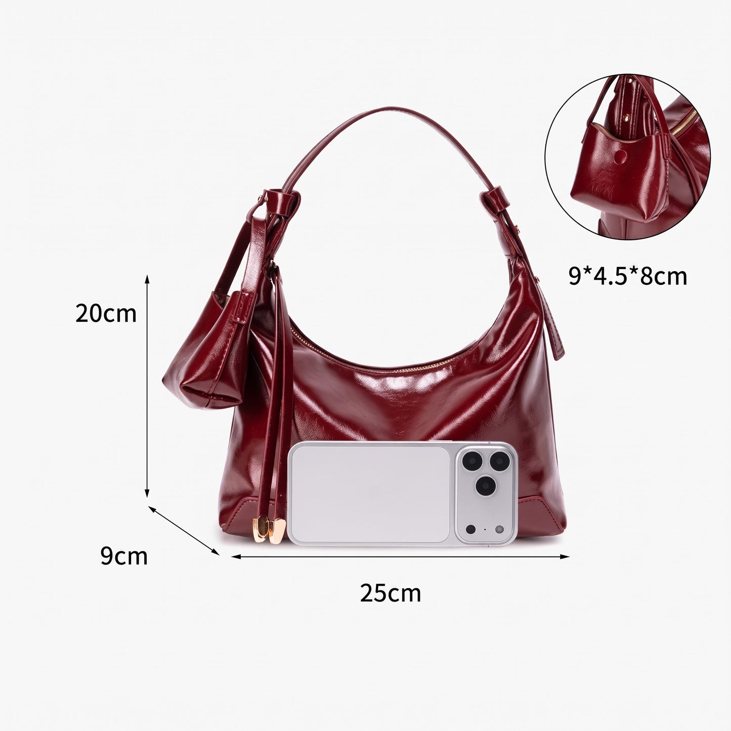 Retro Glossy Vegan Eco-Leather Hobo Bag with Mini Pouch