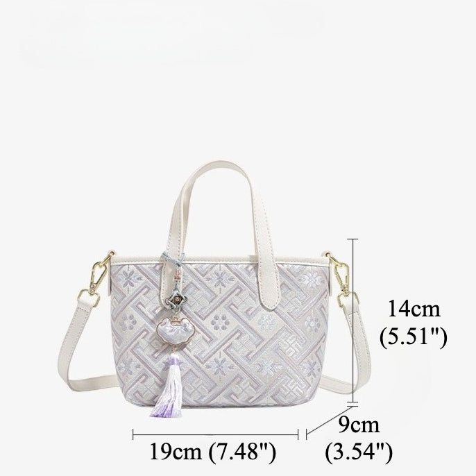 Mellow Oriental Jacquard Vegan Eco-Leather Tote Clutch Bag with Tassel Charm