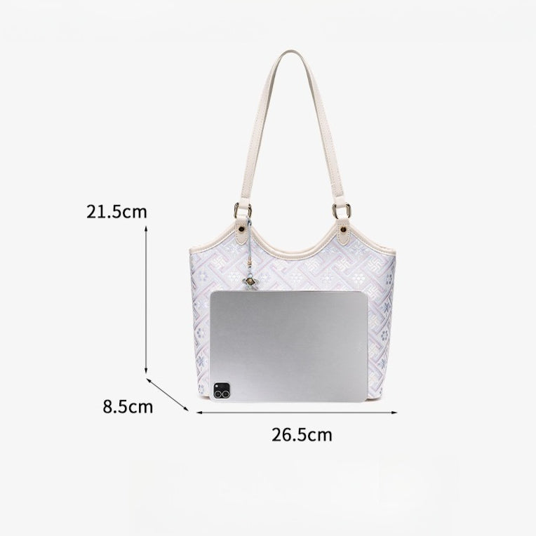 Refined Brocade Vegan Eco-Leather Tote Clutch Bag with Intricate Tassel Charm