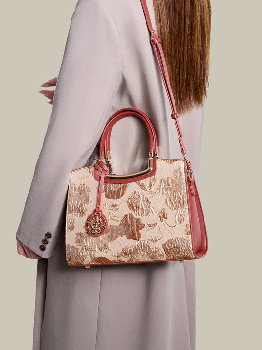Romantic Floral Vegan Eco-Leather Tote Clutch Bag with Hollow Metal Charm