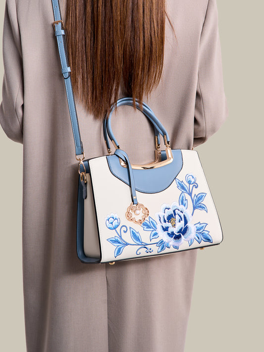 Elegant Peony Embroidered Vegan Eco-Leather Clutch Bag with Charm