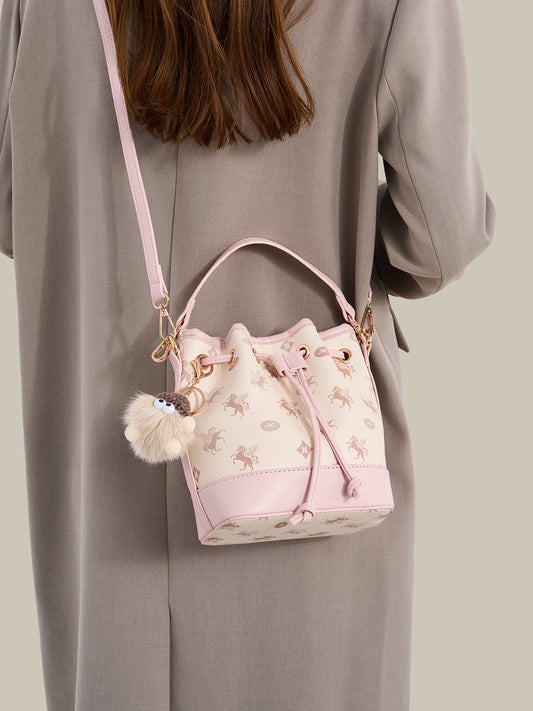 Ethereal Pegasus Pattern Vegan Eco-Leather Bucket Clutch Bag with Lovely Charm
