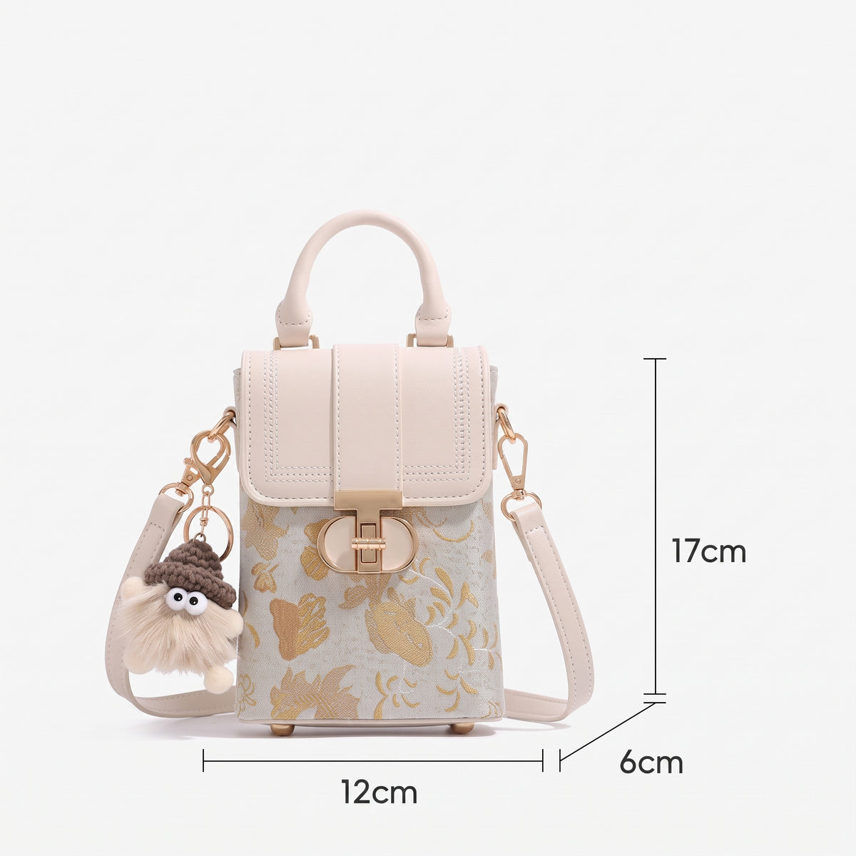 Geantă clutch elegantă mini pentru telefon, cu clapetă, din jacard oriental, cu breloc pufos