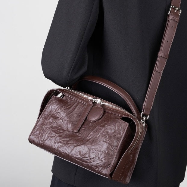 Geantă Boston din piele naturală pentru femei, cu aspect șifonat – strălucire moale, de mână și crossbody