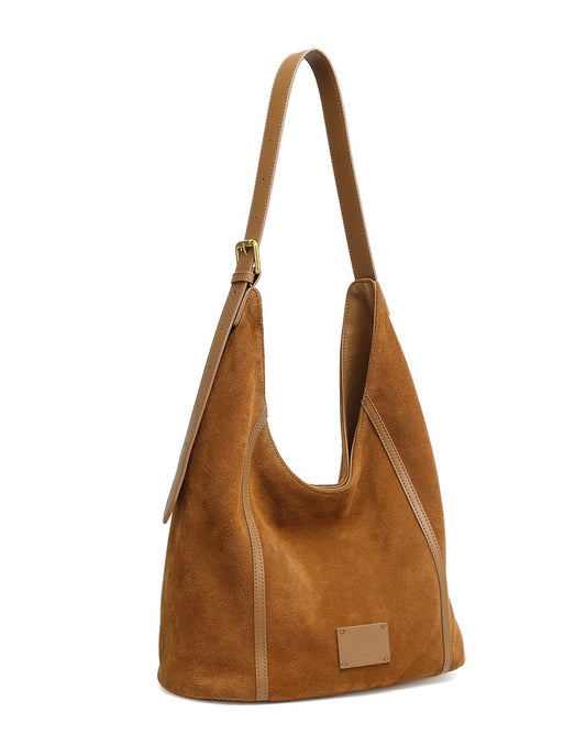 Women's Suede Structured Hobo Bag with Contrast Stitching