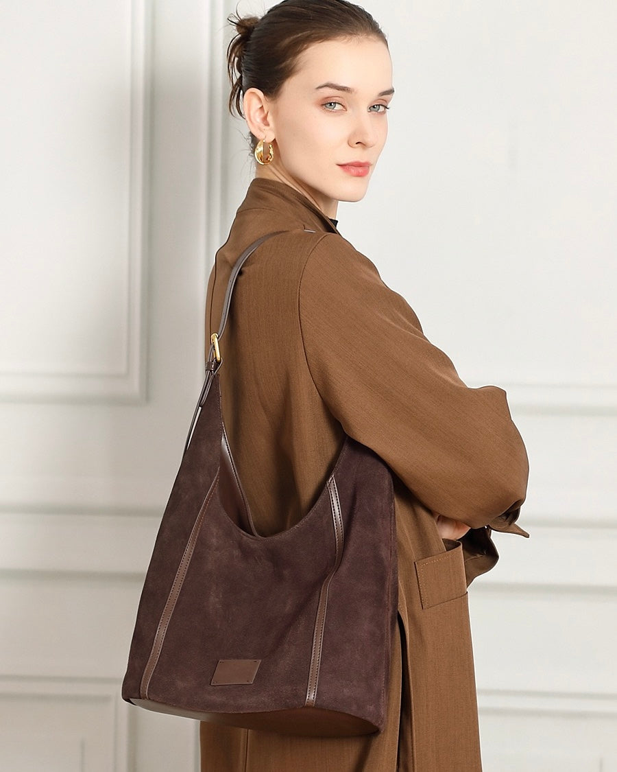 Women's Suede Structured Hobo Bag with Contrast Stitching