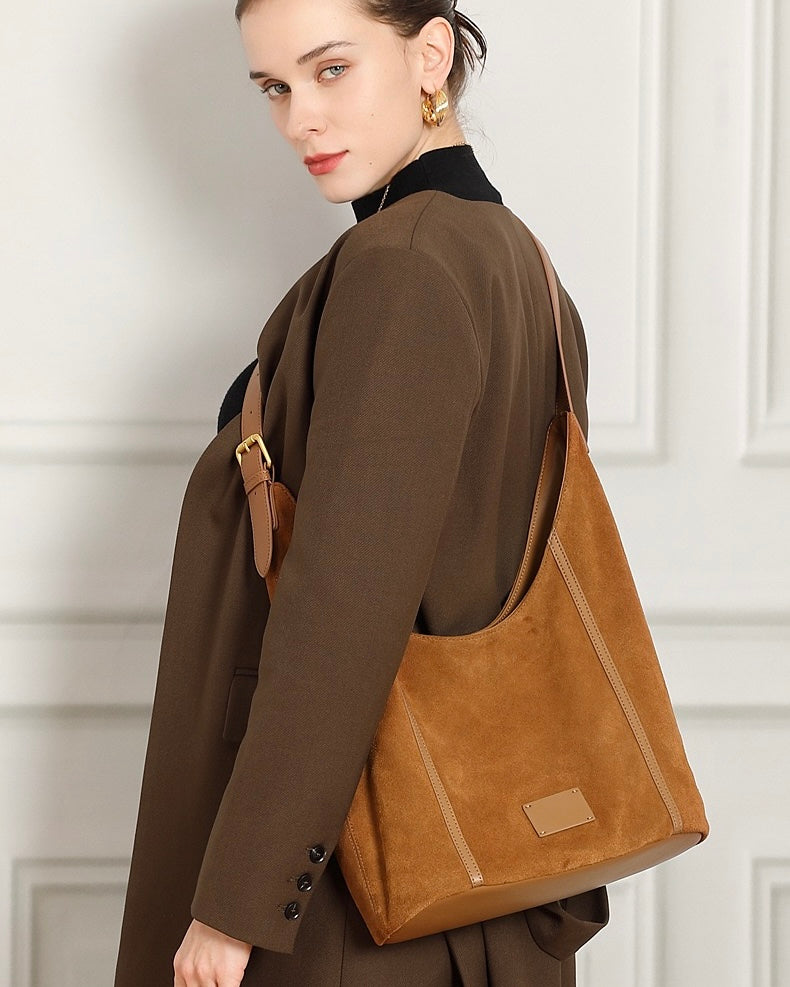 Women's Suede Structured Hobo Bag with Contrast Stitching