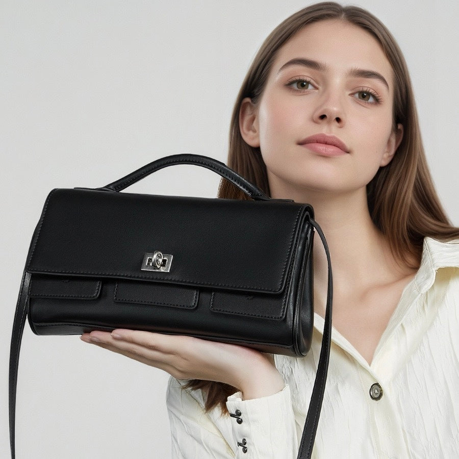 Damen-Schulterhandtasche aus echtem Leder mit Schlossverschluss