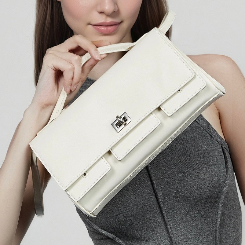Damen-Schulterhandtasche aus echtem Leder mit Schlossverschluss