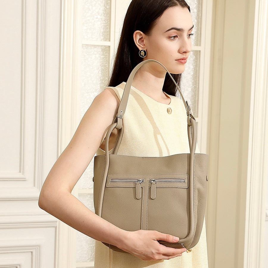 Nischen-Luxustasche aus genarbtem Leder für Damen – Doppelreißverschluss-Design mit herausnehmbarem Innenfutter
