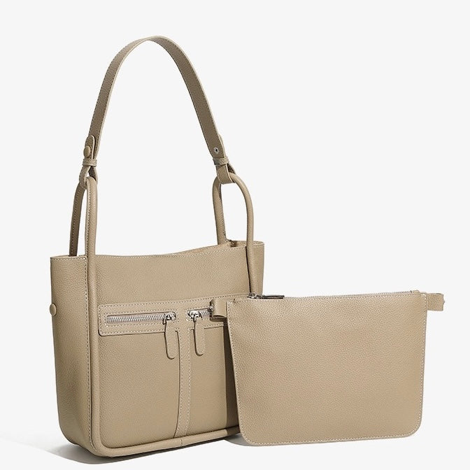 Nischen-Luxustasche aus genarbtem Leder für Damen – Doppelreißverschluss-Design mit herausnehmbarem Innenfutter