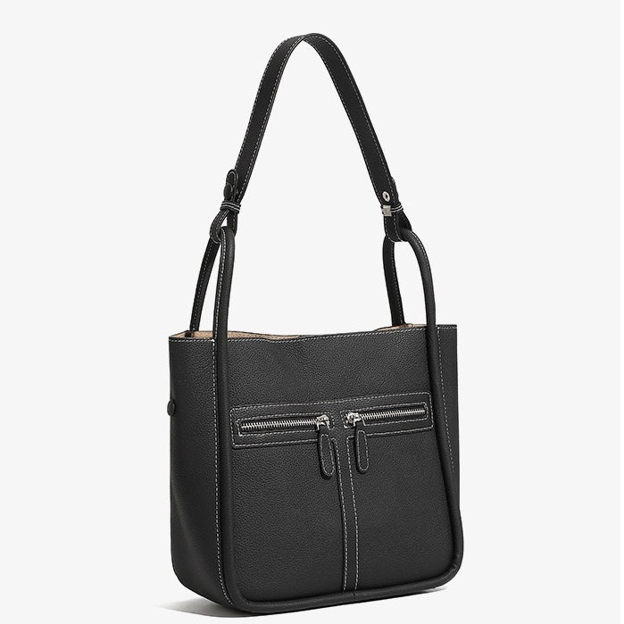 Nischen-Luxustasche aus genarbtem Leder für Damen – Doppelreißverschluss-Design mit herausnehmbarem Innenfutter