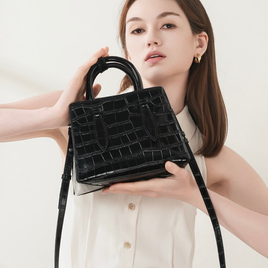 Damen-Umhängetasche aus echtem Leder mit Henkel – quadratische Crossbody-Tasche mit französischer Alligator-Textur