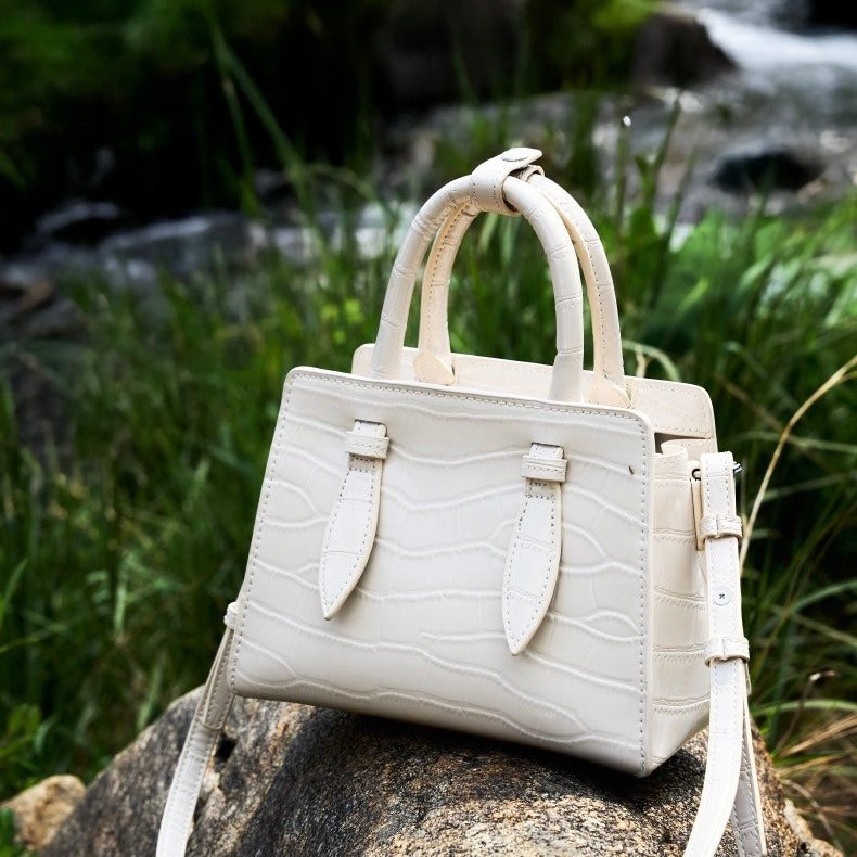 Damen-Umhängetasche aus echtem Leder mit Henkel – quadratische Crossbody-Tasche mit französischer Alligator-Textur