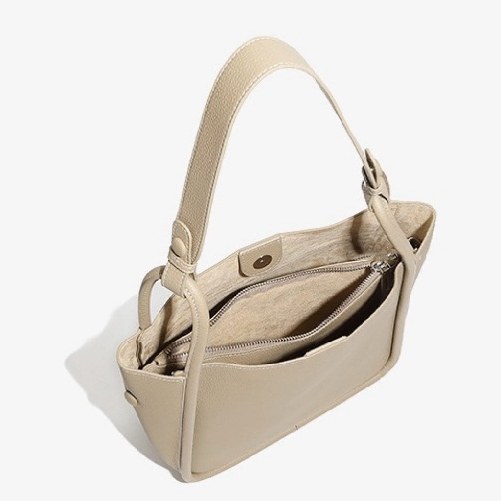 Nischen-Luxustasche aus genarbtem Leder für Damen – Doppelreißverschluss-Design mit herausnehmbarem Innenfutter