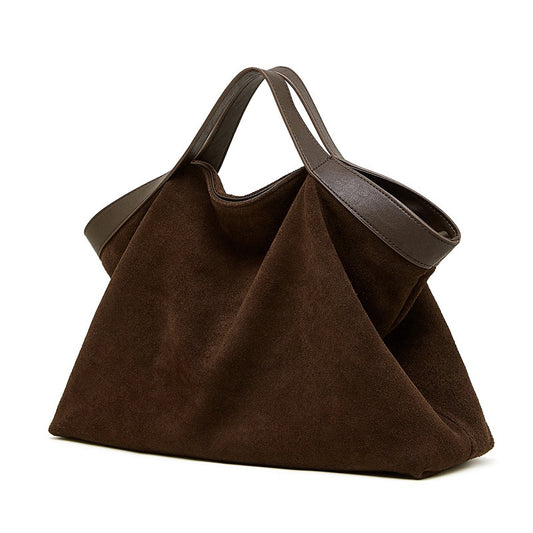 Bolso Tote Estructurado de Ante de Chocolate y Cuero Genuino