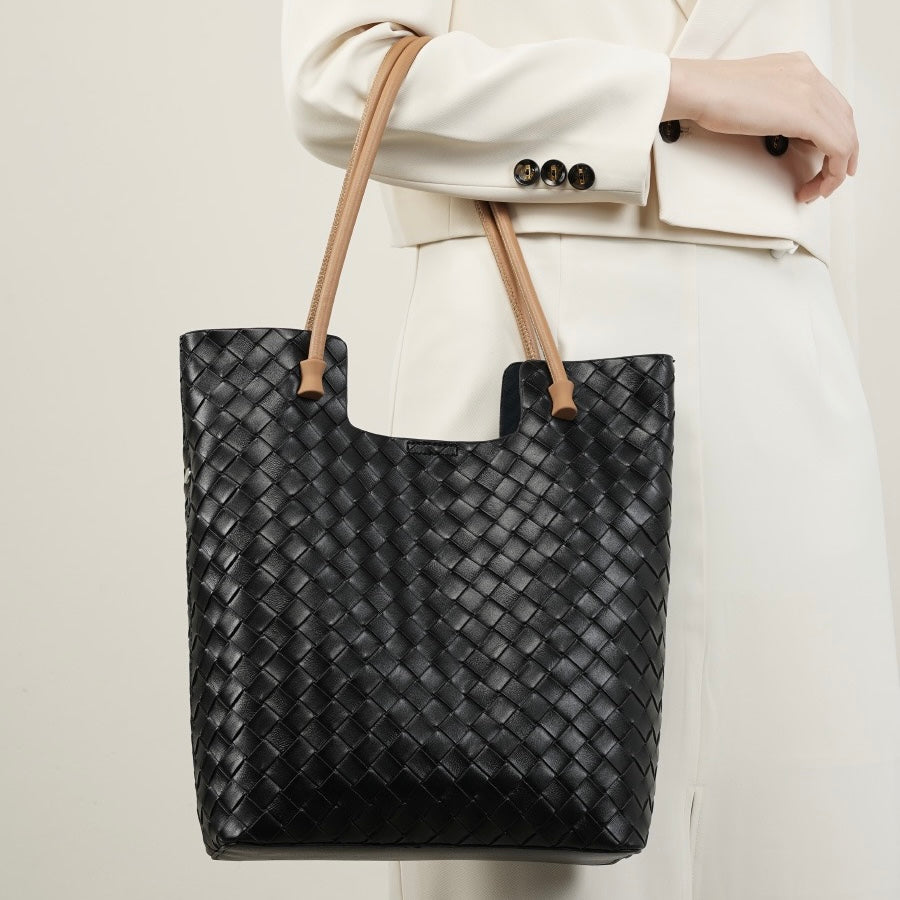 Sac fourre-tout minimaliste en cuir véritable tissé pour femme
