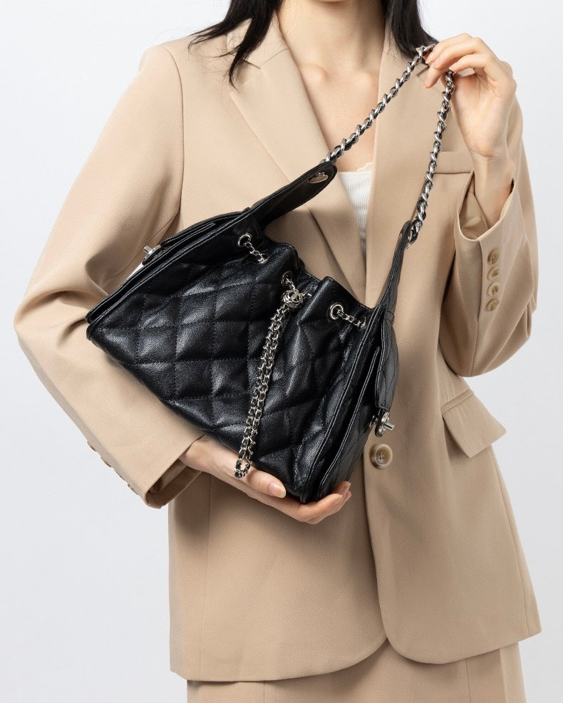 Beg Crossbody Baldi Kapasiti Besar Corak Kaviar Kulit Asli