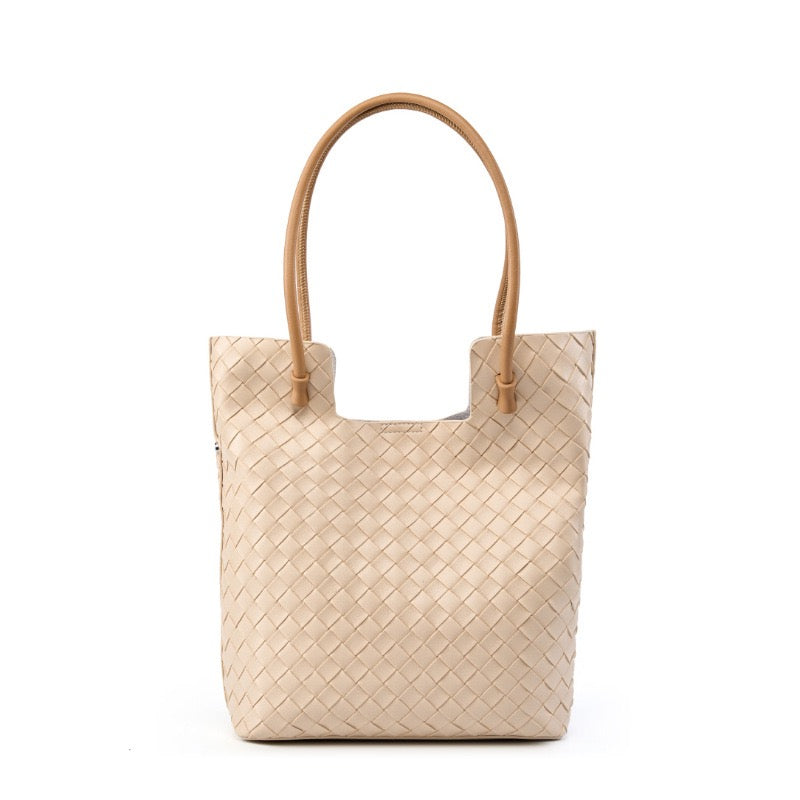 Sac fourre-tout minimaliste en cuir véritable tissé pour femme