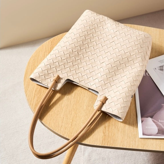 Sac fourre-tout minimaliste en cuir véritable tissé pour femme