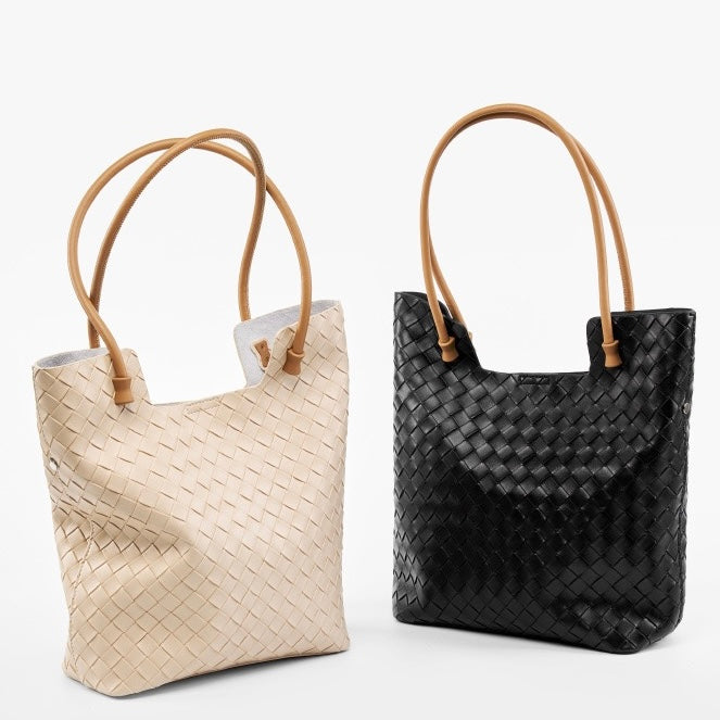 Sac fourre-tout minimaliste en cuir véritable tissé pour femme