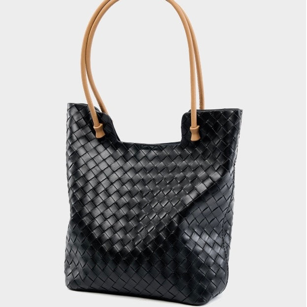 Sac fourre-tout minimaliste en cuir véritable tissé pour femme