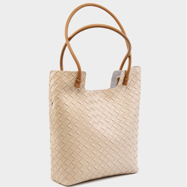 Sac fourre-tout minimaliste en cuir véritable tissé pour femme