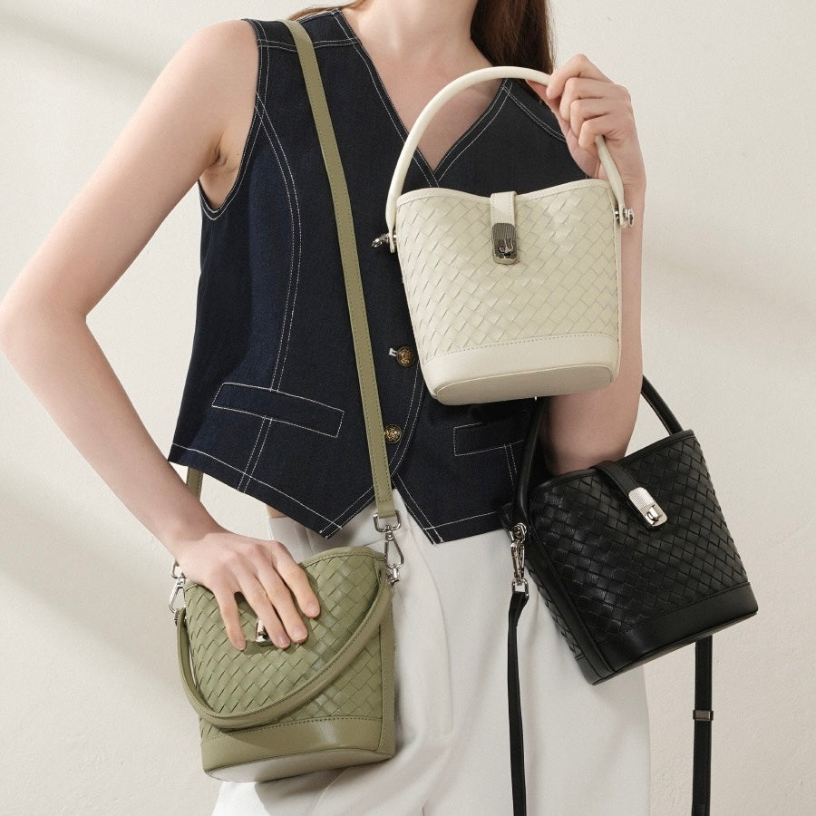 Sac seau tissé en peau de mouton véritable pour femme – Style décontracté élégant