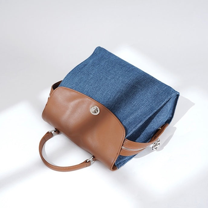 Women’s Genuine Leather & Denim Patchwork Backpack – Large Capacity Commuter Bag