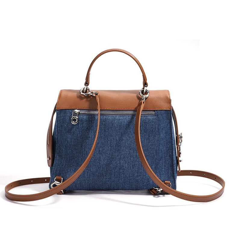 Women’s Genuine Leather & Denim Patchwork Backpack – Large Capacity Commuter Bag