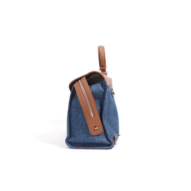 Women’s Genuine Leather & Denim Patchwork Backpack – Large Capacity Commuter Bag