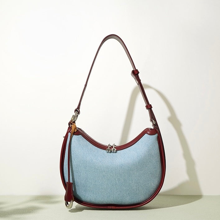 Damen-Umhängetasche aus echtem Leder und Denim „Crescent“ – Mini-Edition Frühling/Sommer