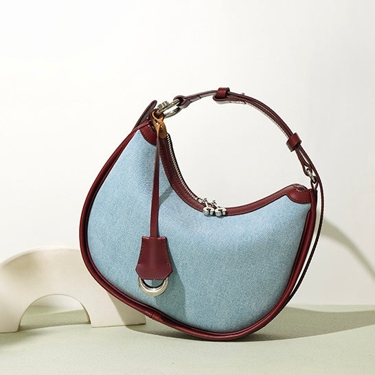 Damen-Umhängetasche aus echtem Leder und Denim „Crescent“ – Mini-Edition Frühling/Sommer