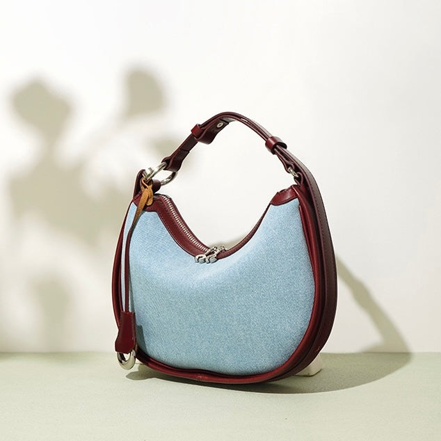 Damen-Umhängetasche aus echtem Leder und Denim „Crescent“ – Mini-Edition Frühling/Sommer