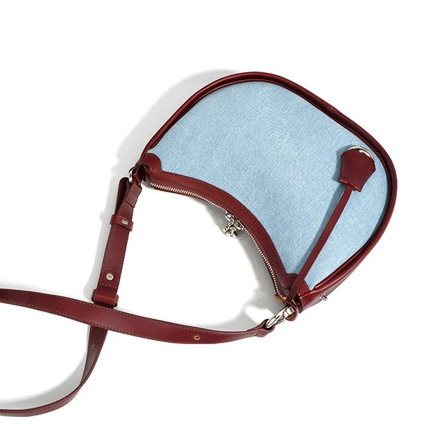Damen-Umhängetasche aus echtem Leder und Denim „Crescent“ – Mini-Edition Frühling/Sommer