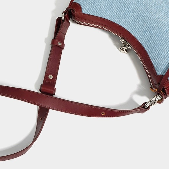 Damen-Umhängetasche aus echtem Leder und Denim „Crescent“ – Mini-Edition Frühling/Sommer
