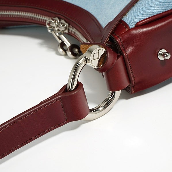 Damen-Umhängetasche aus echtem Leder und Denim „Crescent“ – Mini-Edition Frühling/Sommer