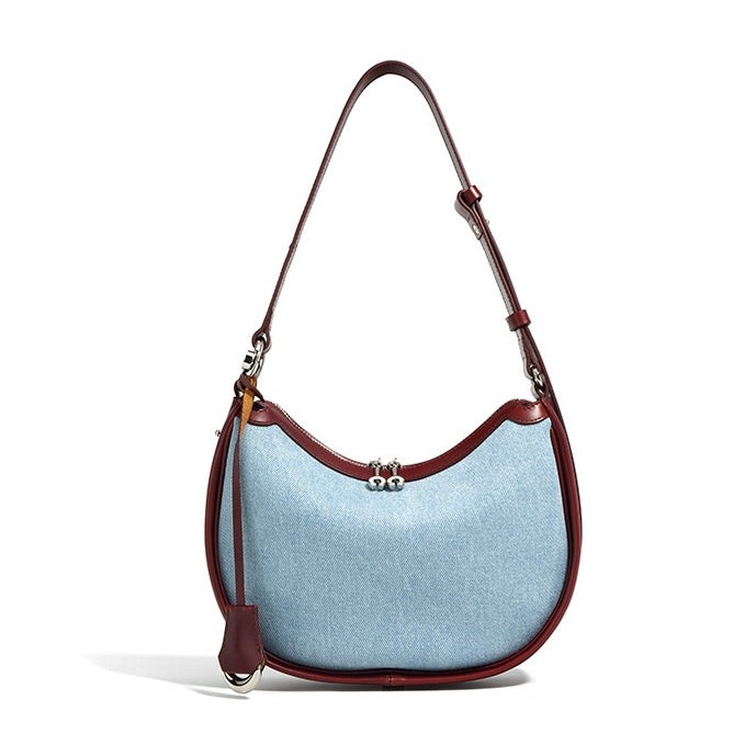 Damen-Umhängetasche aus echtem Leder und Denim „Crescent“ – Mini-Edition Frühling/Sommer