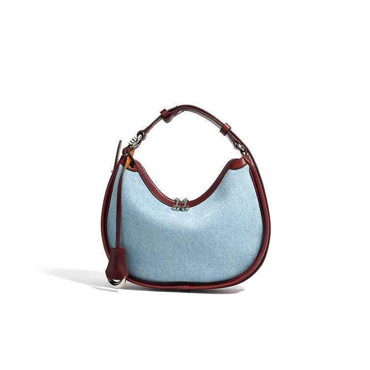 Damen-Umhängetasche aus echtem Leder und Denim „Crescent“ – Mini-Edition Frühling/Sommer