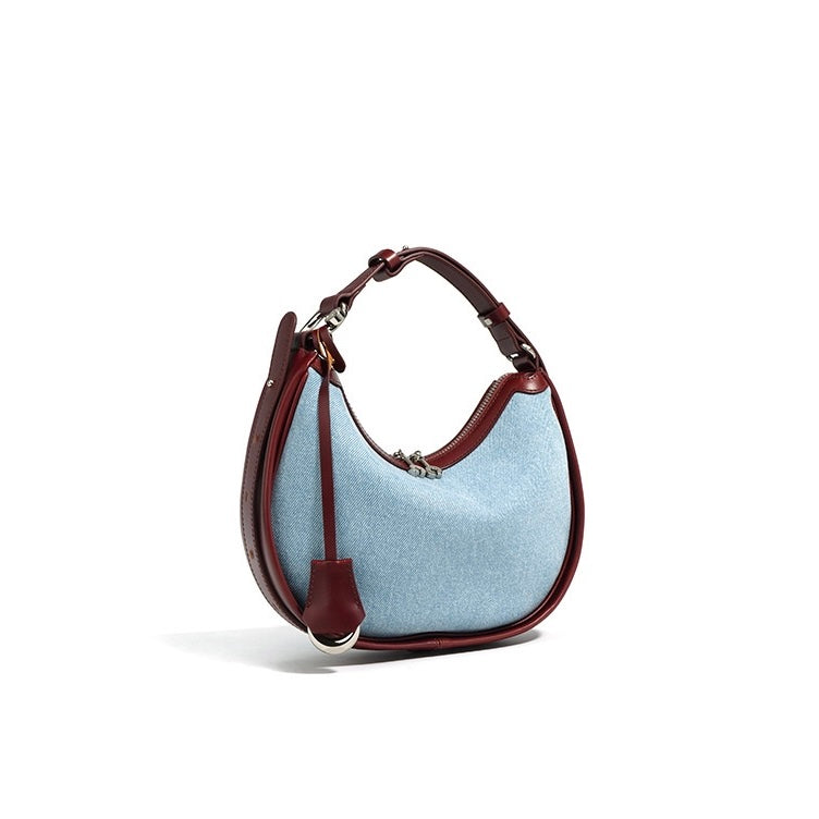 Damen-Umhängetasche aus echtem Leder und Denim „Crescent“ – Mini-Edition Frühling/Sommer