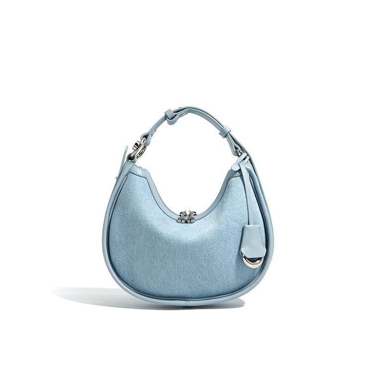 Damen-Umhängetasche aus echtem Leder und Denim „Crescent“ – Mini-Edition Frühling/Sommer