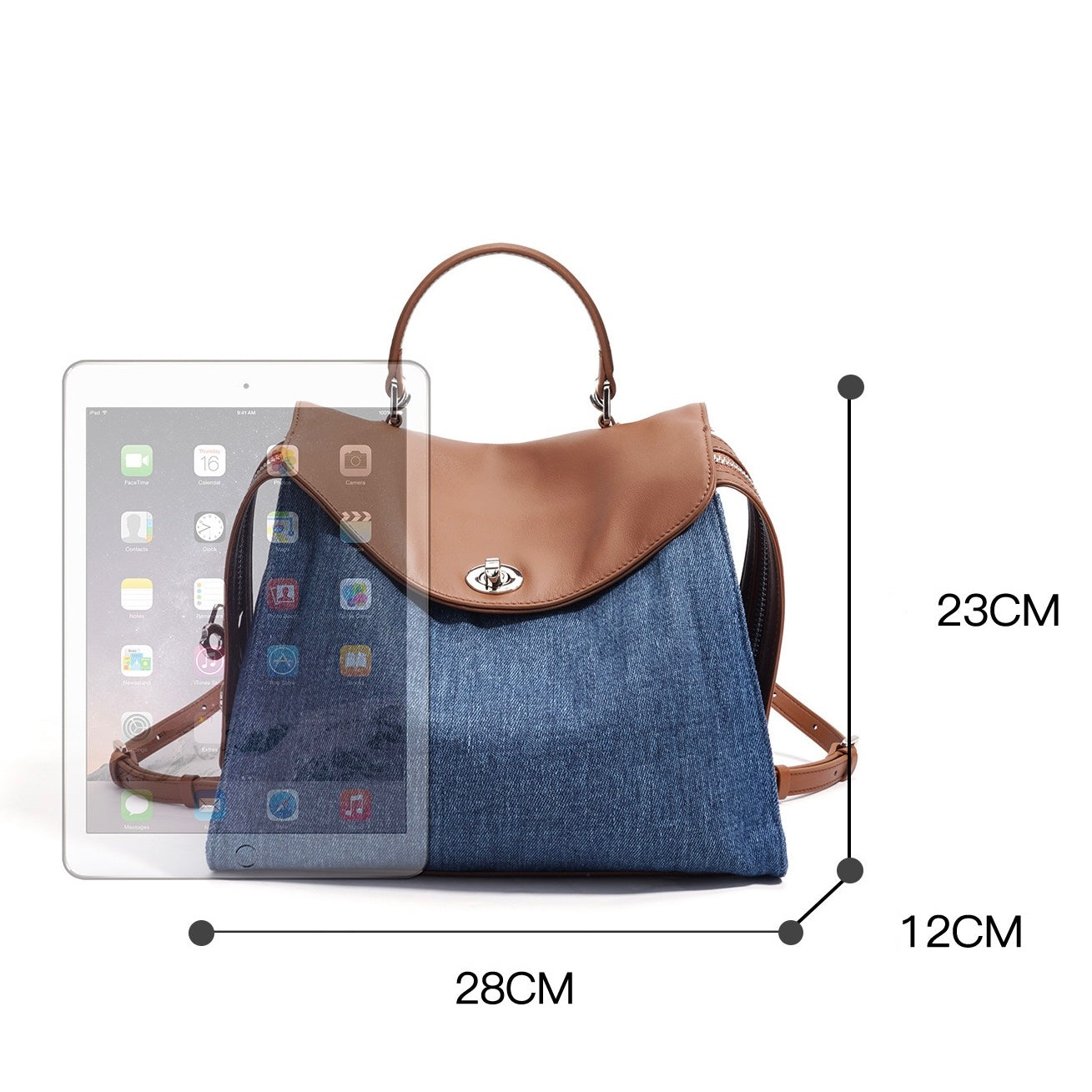 Women’s Genuine Leather & Denim Patchwork Backpack – Large Capacity Commuter Bag