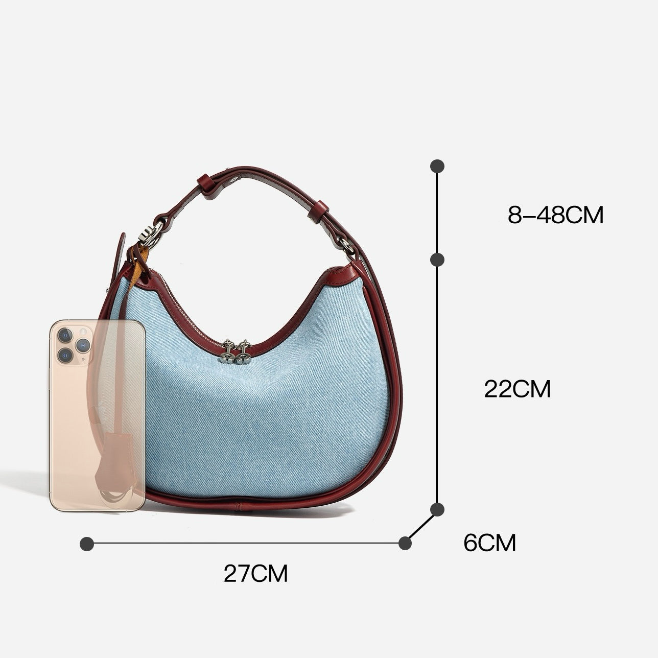 Damen-Umhängetasche aus echtem Leder und Denim „Crescent“ – Mini-Edition Frühling/Sommer